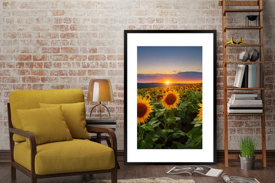 Fotolijst incl. Poster - Bloemen - Nacht - Zonsondergang - Zonnebloem - Horizon - 80x120 cm - Posterlijst