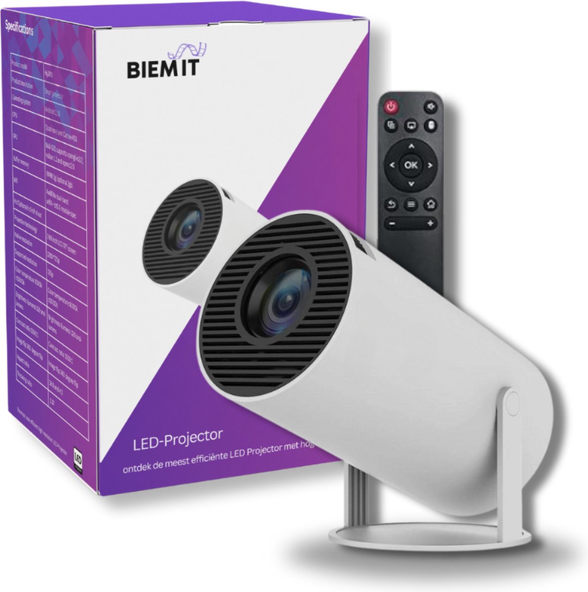 Wealthy Tree - Biem It - Y1 Pro Mini Beamer - Projector - Inclusief HDMI kabel - 4K Support - Wifi 6/BT 5.0 - Geïntegreerd Android 11.0 OS - Draagbare Beamer - Wit