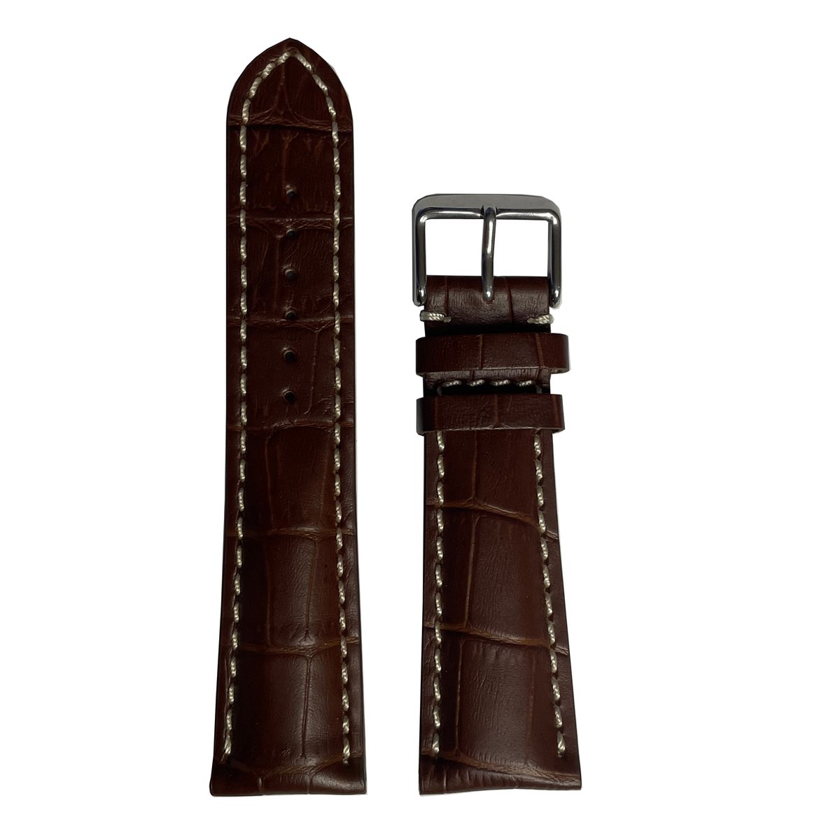 Horlogeband - 24mm - Bruin ( wit stiksel ) - Echt leer in croco print - Roestvrijstalen gesp
