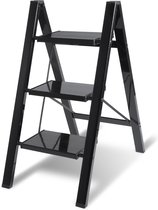 Trapladder Opvouwbare ladder 3 Treden Keukentrap Inklapbaar - Anti-Slip - Trap Ladder Alu Zwart
