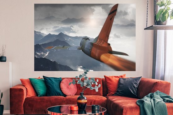 Un chasseur à réaction de l'armée au-dessus des montagnes Poster 180x120 cm - Tirage photo sur Poster (décoration murale salon / chambre) XXL / Groot format!