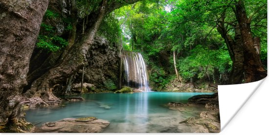 Poster Jungle - Waterval - Planten - Water - Natuur - 80x40 cm - Kerstversiering - Kerstdecoratie voor binnen - Kerstmis