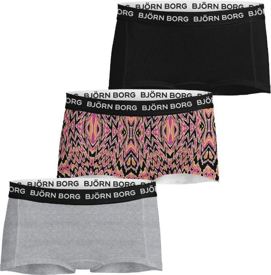 Björn Borg Cotton Stretch Korte short - 3 Pack MP001 Black/Grey - maat 158/164 (158-164) - Meisjes Kinderen - Katoen/elastaan- 10003102-MP001-158-164