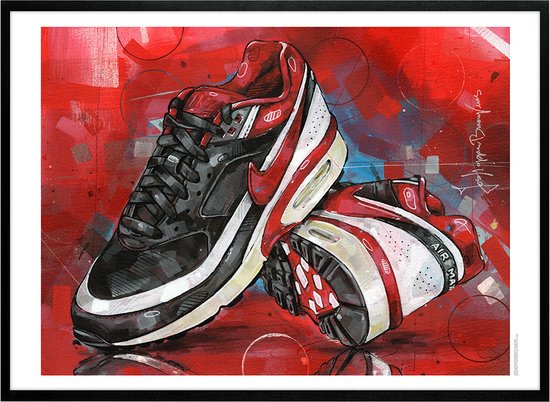 Sneaker print classic BW varsity red 2 71x51 cm *ingelijst & gesigneerd