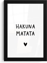 Affiche avec cadre Citation hollandaise : 'Hakuna Matata' avec coeur blanc sur fond noir - 20x30 cm