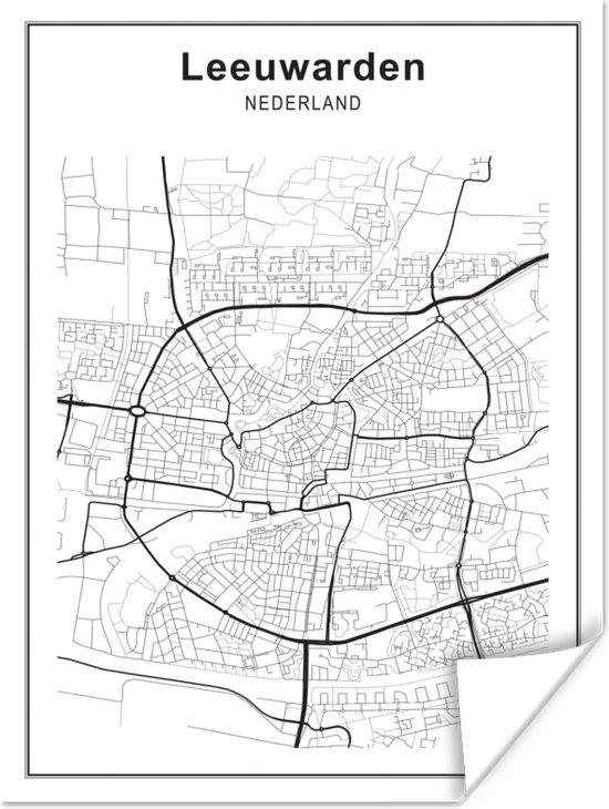 Affiche Plan de la ville - Leeuwarden - Zwart Wit - 60x80 cm