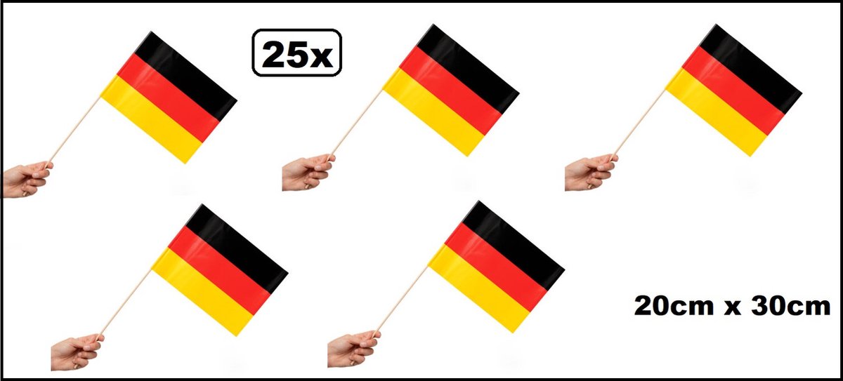 25x Luxe Zwaaivlaggetjes op stok Duitsland 20cm x 30cm - stok hout 50cm - Zwaai vlaggetjes EK WK thema feest voetbal festival uitdeel Duits