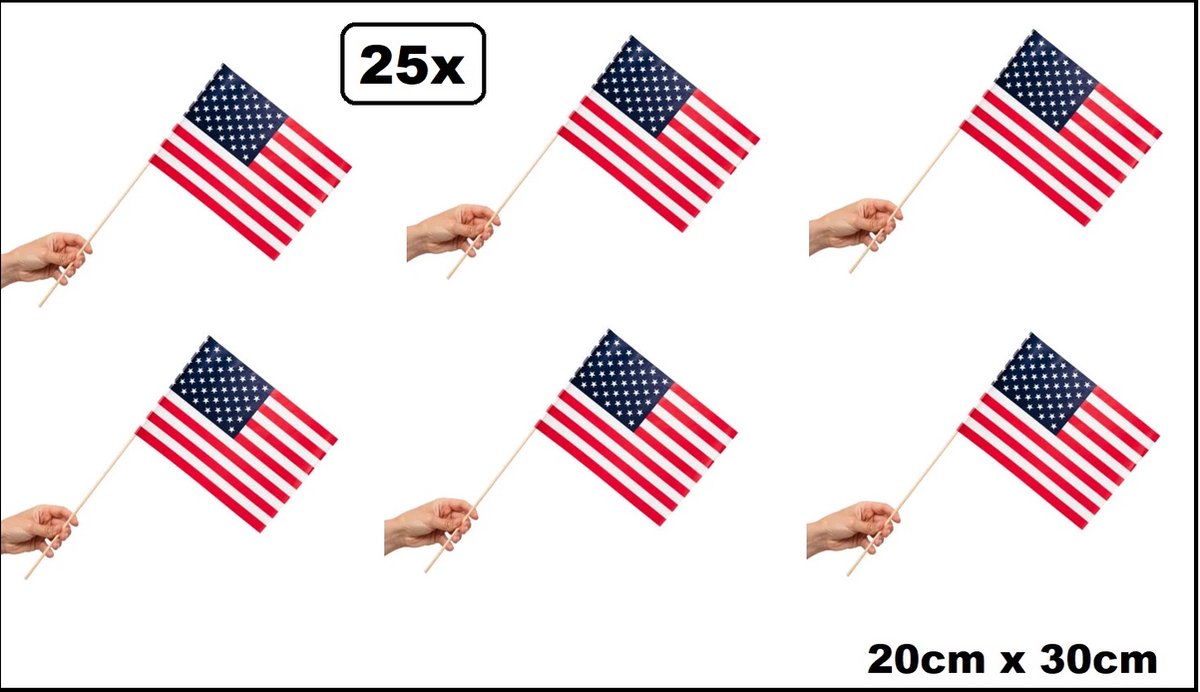 25x Luxe Zwaaivlaggetjes op stok USA 20cm x 30cm - stok hout 50cm - Zwaai vlaggetjes EK WK thema feest voetbal festival uitdeel