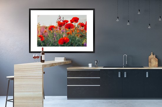 Fotolijst incl. Poster - Klaproos - Bloemen - Rood - Paars - Weide - 120x80 cm - Posterlijst