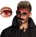 Man met duivelmake-up, snor en sikje, met een ingevoegde afbeelding van een oog met rode lens.