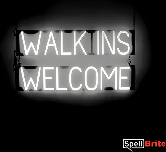Panneau néon blanc SpellBrite "WALK INS WELCOME".