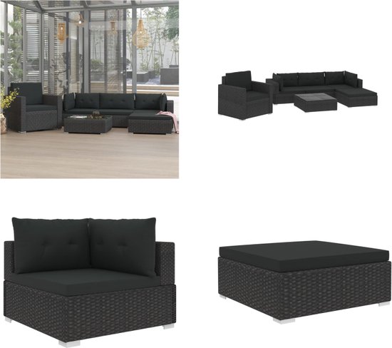 9-delige Loungeset met kussens poly rattan zwart kopen