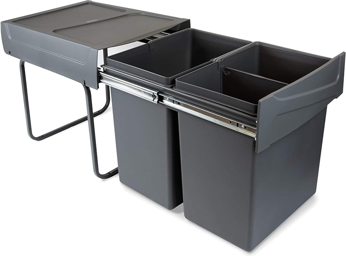 Goedkoopste Uitschuifbare Keukenafvalbakken Set - 40 L Totaal (2x20 L) - Staal en Kunststof in Antracietgrijs - Ruimtebesparend en Hygiënisch