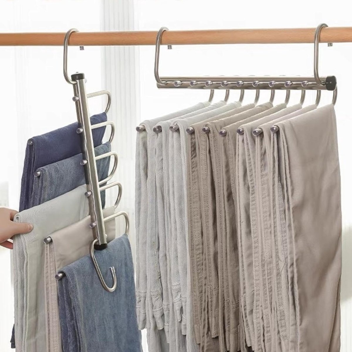 Broekhanger, ruimtebesparend, 9 lagen broekhanger, antislip, opvouwbaar, meervoudige kleerhanger, ruimtebesparend, met draaibare haak, roestvrij staal, broekhanger voor sjaals, jeans, kleding,