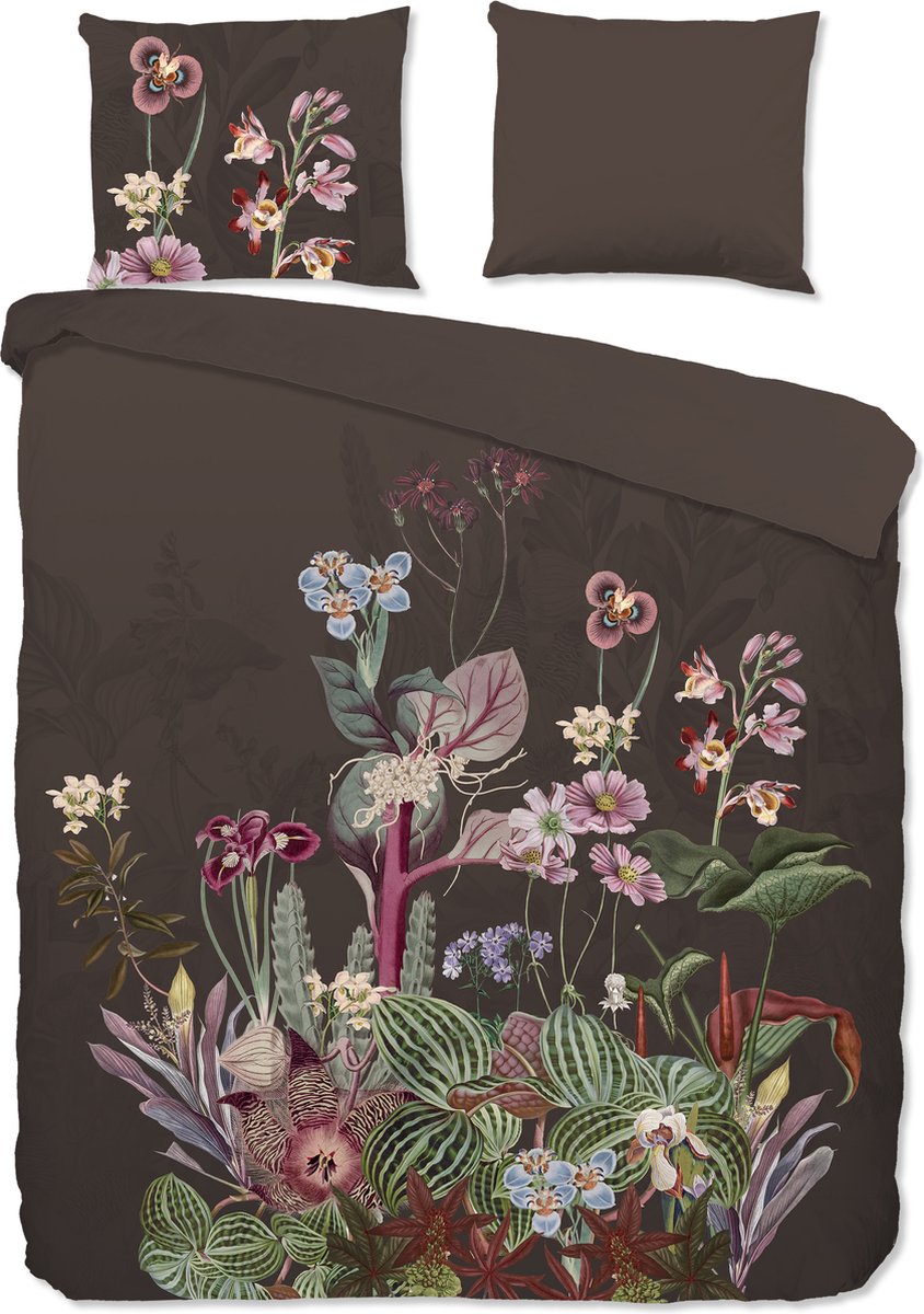 Good Morning dekbedovertrek bloemen - 2 persoons 200x200/220 cm - Bruin - 100% Katoen renforce
