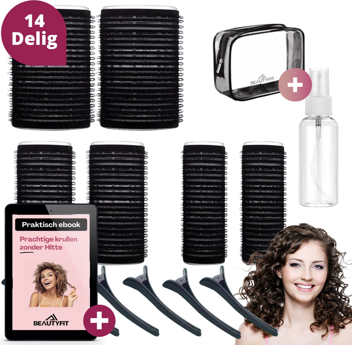 BeautyFit® - Kleefrollers 14-delig - Inclusief E-book - Heatless Curls + Waterspray + Haarkam + Opbergbag - Krulspelden - Krulspelden Rollers - Krullen Zonder Hitte - Haar rollers Zelfklevend - Haarrollers - Zwart- Valentijn Cadeautje Voor Haar