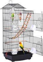Papegaaienkooi - Parkietenkooi - Grote Vogelkooi voor Binnen - Inclusief Speelgoed - Met Badhuis - 46x36x100cm - Zwart