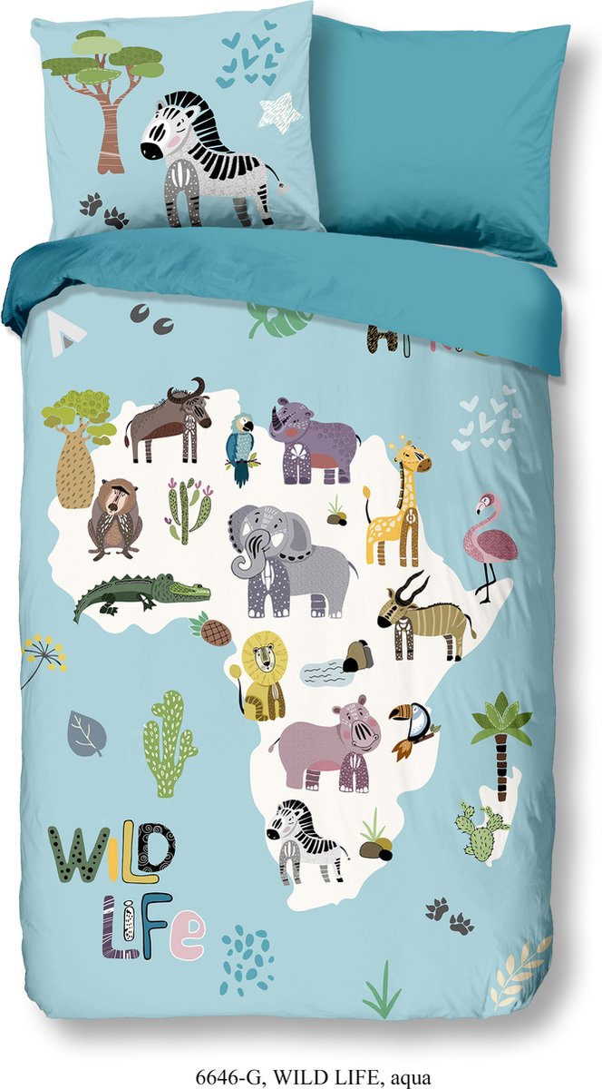 Good Morning dekbedovertrek afrikaanse dieren - 1 persoons 140x200/220 cm - Aqua - 100% Katoen renforce