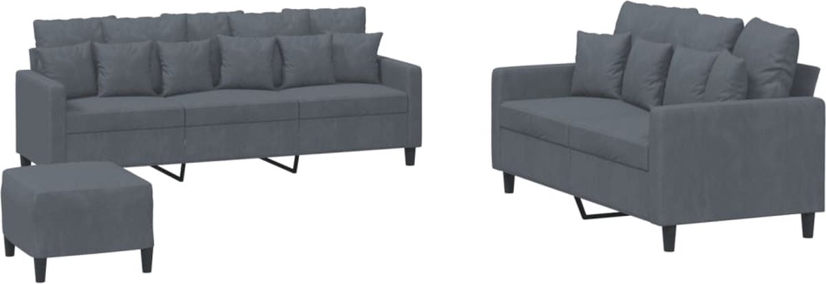 vidaXL - 3-delige - Loungeset - met - kussens - fluweel - donkergrijs