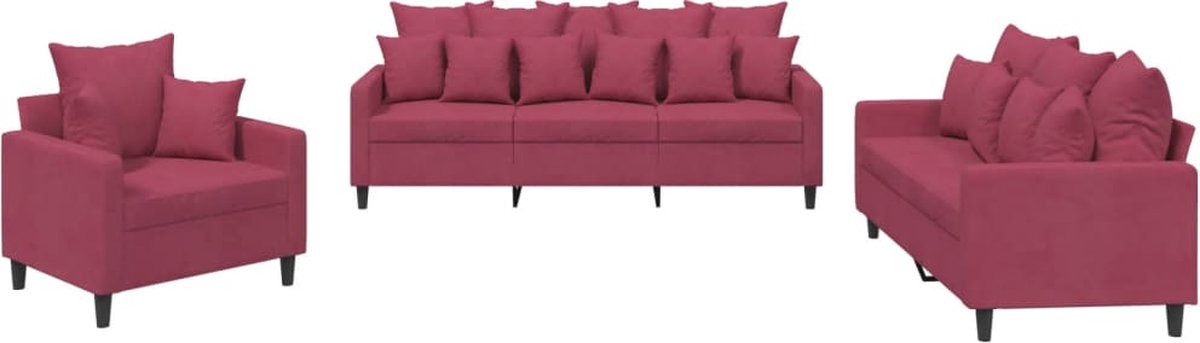 vidaXL - 3-delige - Loungeset - met - kussens - fluweel - wijnrood