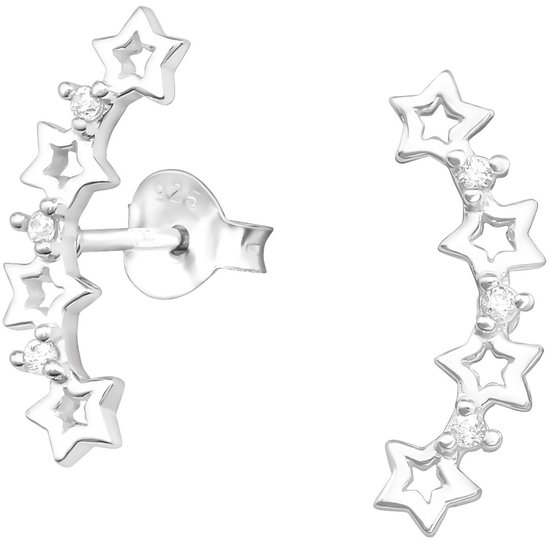 Joy|S - Zilveren 4 sterren oorbellen - 5 x 16 mm - ster oorbellen licht gebogen - zirkonia - oorknoppen