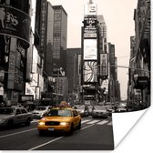 Weergave van een zwart-witte Times Square met een gele taxi poster 75x75 cm - Foto print op Poster (wanddecoratie woonkamer / slaapkamer)
