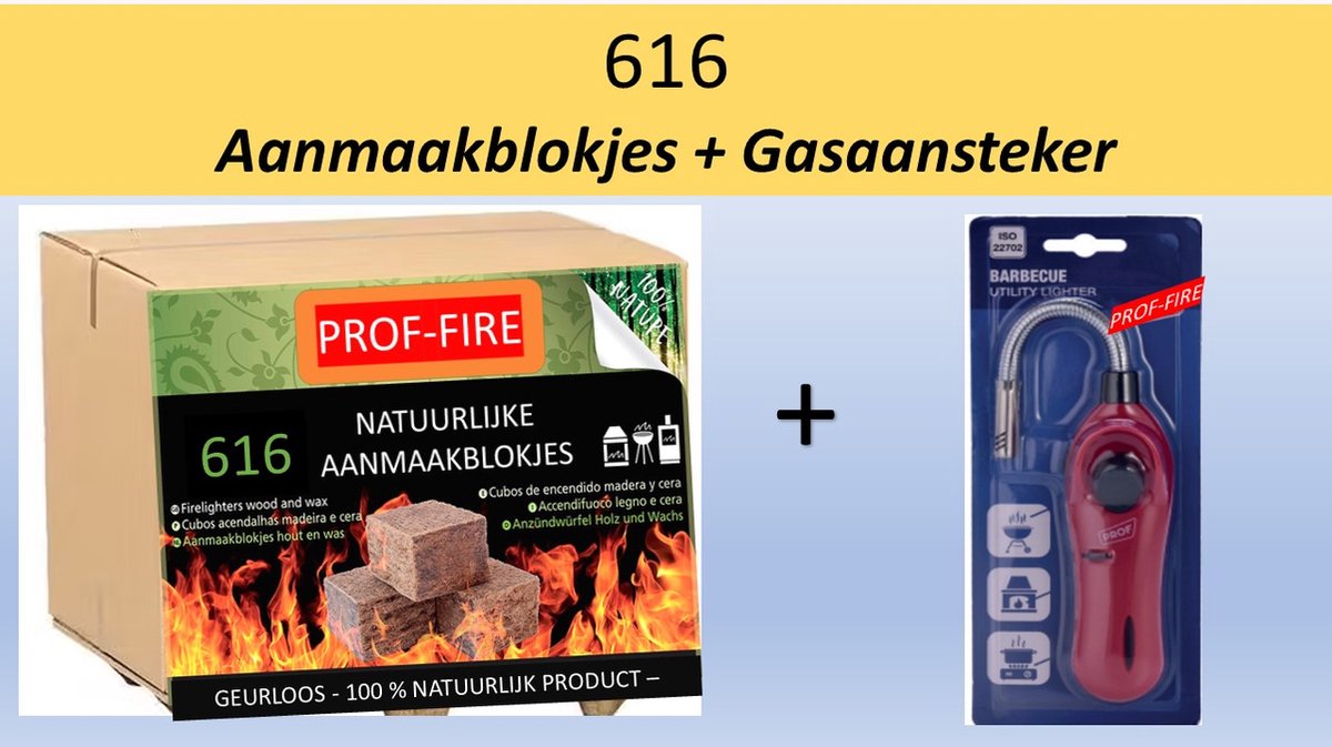 Prof-Fire- 616 Natuurlijke Aanmaakblokjes voordeeldoos & Gasaansteker Flexibele hals - Milieuvriendelijk - CO2 Neutraal - Fire Up kwaliteit