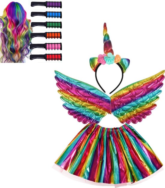 Unicorn Kostuum Eenhoorn Verkleedkleding met Haarkrijt - Regenboog Rok - Diadeem met Hoorn en Verschillende Kleuren Bloemetjes - Rainbow Haarkrijt - Tijdelijke Haarkleuring- Vleugels - Ideaal voor Carnaval