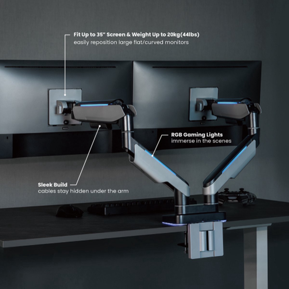 Dubbele Monitor Arm RBG Kleuren | LED Gaming | Met Gasveer en Makkelijke Bevestiging