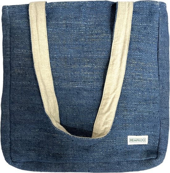 HEMPKOO Sac à bandoulière - Sac de plage pour femmes et hommes - Sac de plage avec fermeture éclair - Sac à provisions - Sac à bandoulière fabriqué à la main en fibres de chanvre au Népal - Bleu