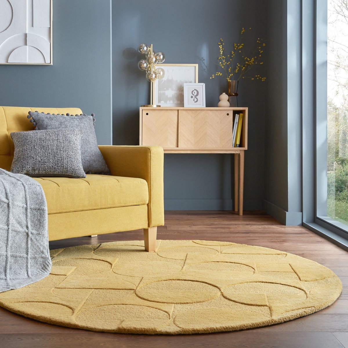 flycarpets Gigi Rond Modern Wol - Geo Vloerkleed - Okergeel - 160x160 cm
