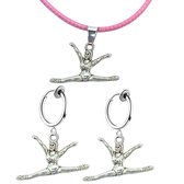 Set- Turnen- ketting- klem oorbellen- roze- zilverkleur- Split- geen gaatje- Charme Bijoux