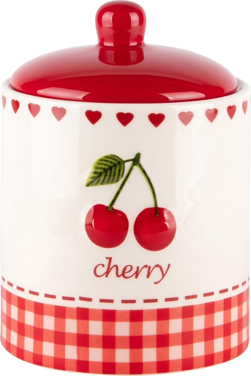 Dekoratief | Bewaarpot m/kersen, wit/rood, keramiek, 10x10x15cm | A240085