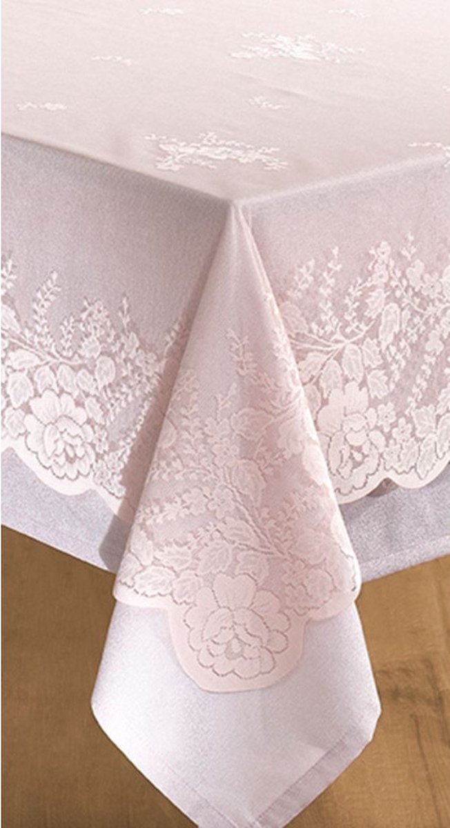 Univers Décor - Vintage stijl vlekbestendig tafelkleed + kanten opleg in alle maten- Tafelkleed + Roze Cover Tafelkleed - Rechthoekig tafelkleed 150 x 300 cm + kanten opleg 140 x 290 cm
