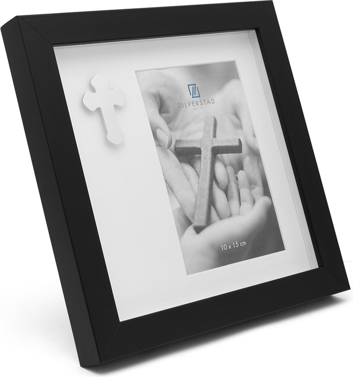 Zilverstad Memory fotolijst met kruis icoon 10x15 cm Zwart