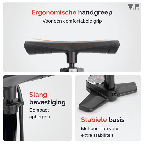 V.P. Staande Fietspomp met Drukmeter - Racefiets- en Mountainbike accessoires - Incl. extra opzetstukken - Tot 12 bar / Zwart — afbeelding 4
