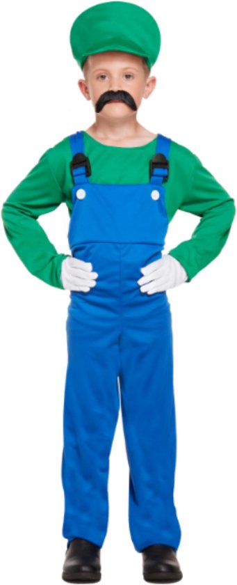 Loodgieter Luigi Kostuum Kinderen - Shirt Jumpsuit En Hoed - Verkleedkleren Kinderen - Groen - Maat 104/116