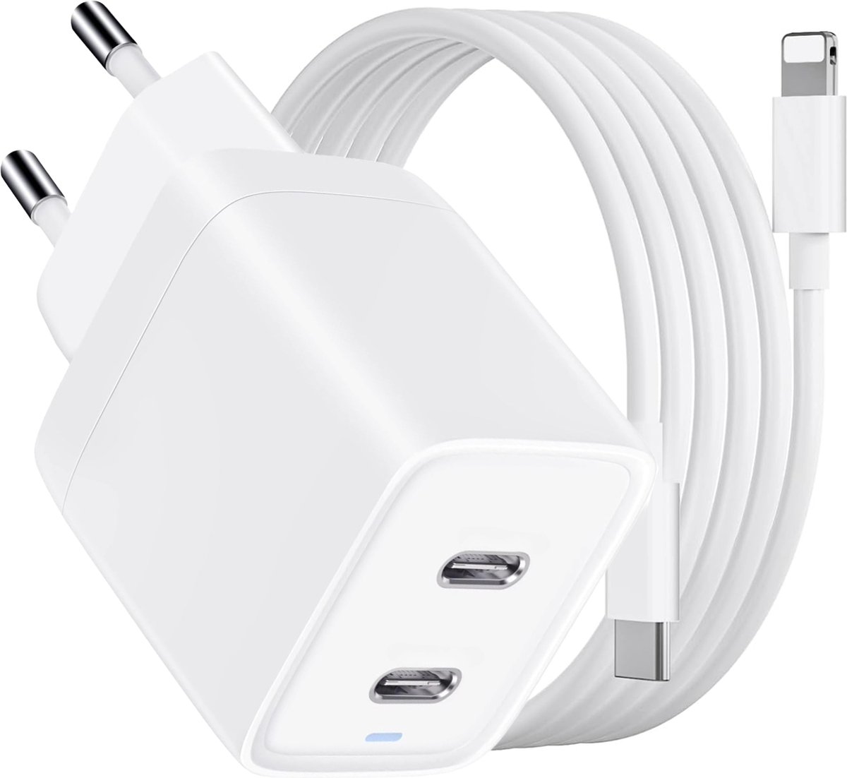 Snellader geschikt voor iPhone / iPad - Lightning naar usb-C Kabel 2 Meter Lang - 45w - 2 Poorten - GaN - PPS Fast Charging - Wit