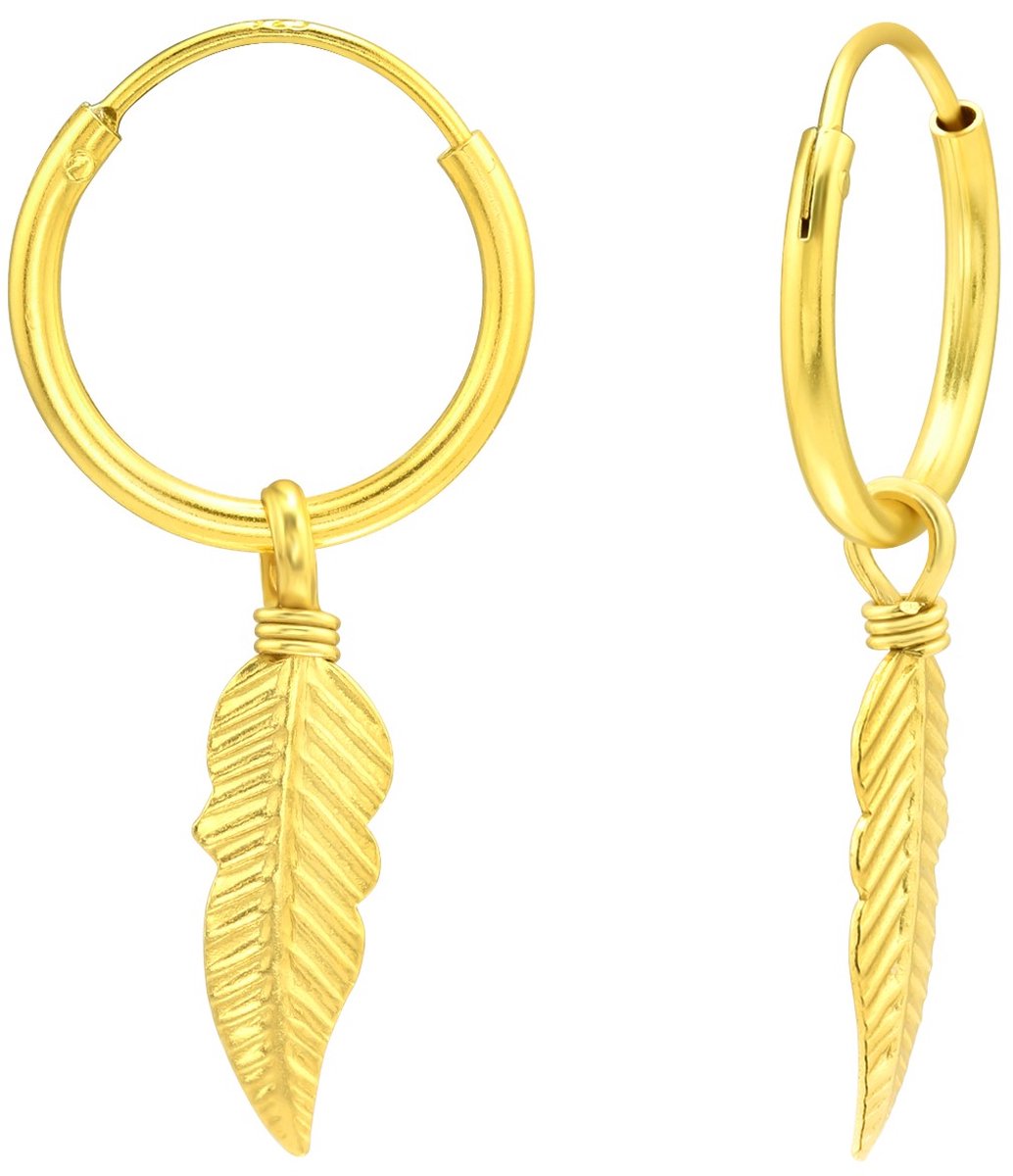 Joy|S - Zilveren veer bedel oorbellen - oorringen - gold plated