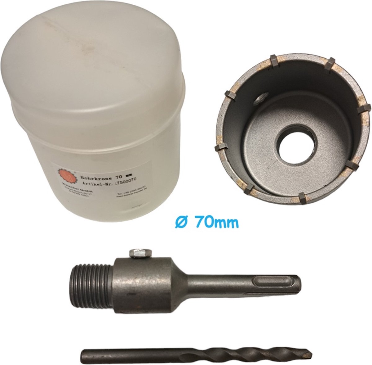 Boorkroon dia 70mm met SDS-plus adapter - gatenboor, betonboor, kernboor, diamantboor, dozenboor, booropzetstuk / SDS plus adapter gatzagen boren met 1 vergrendelingsschroef en 1 geleidingsboor