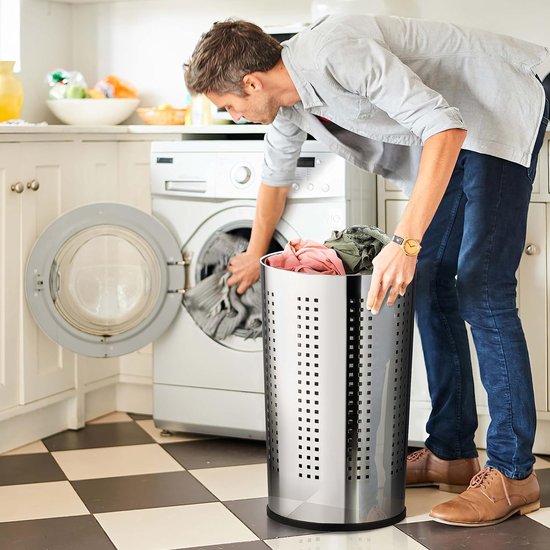 Home4You Wasmand – 37 liter inhoud – grijs – roestvrij staal – met deksel en luchtgaten – 29 x 54 cm – wasmand wasbox wasbak waskist