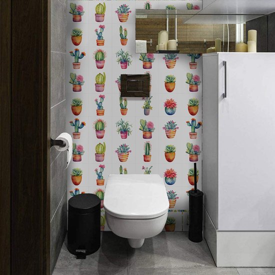 Ulticool Décoration carrelages Autocollant - Cactus Plante en Pot - 15x15 cm - 15 pièces Autocollants de Carrelage en Film Adhésif Stickers muraux - Carrelage Autocollant - Sticktiles - Salle de Bain - Cuisine