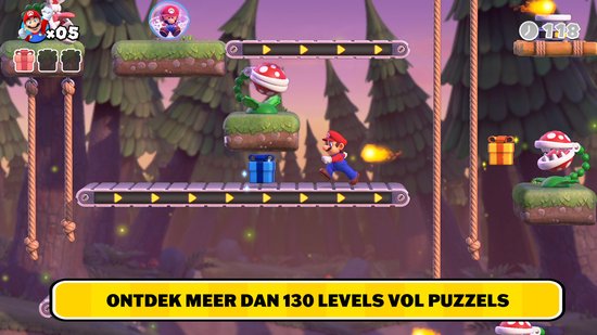 Mario speelt in een bosachtige omgeving bij schemering, met platforms en vijanden. Tekst: Ontdek meer dan 130 levels vol puzzels.