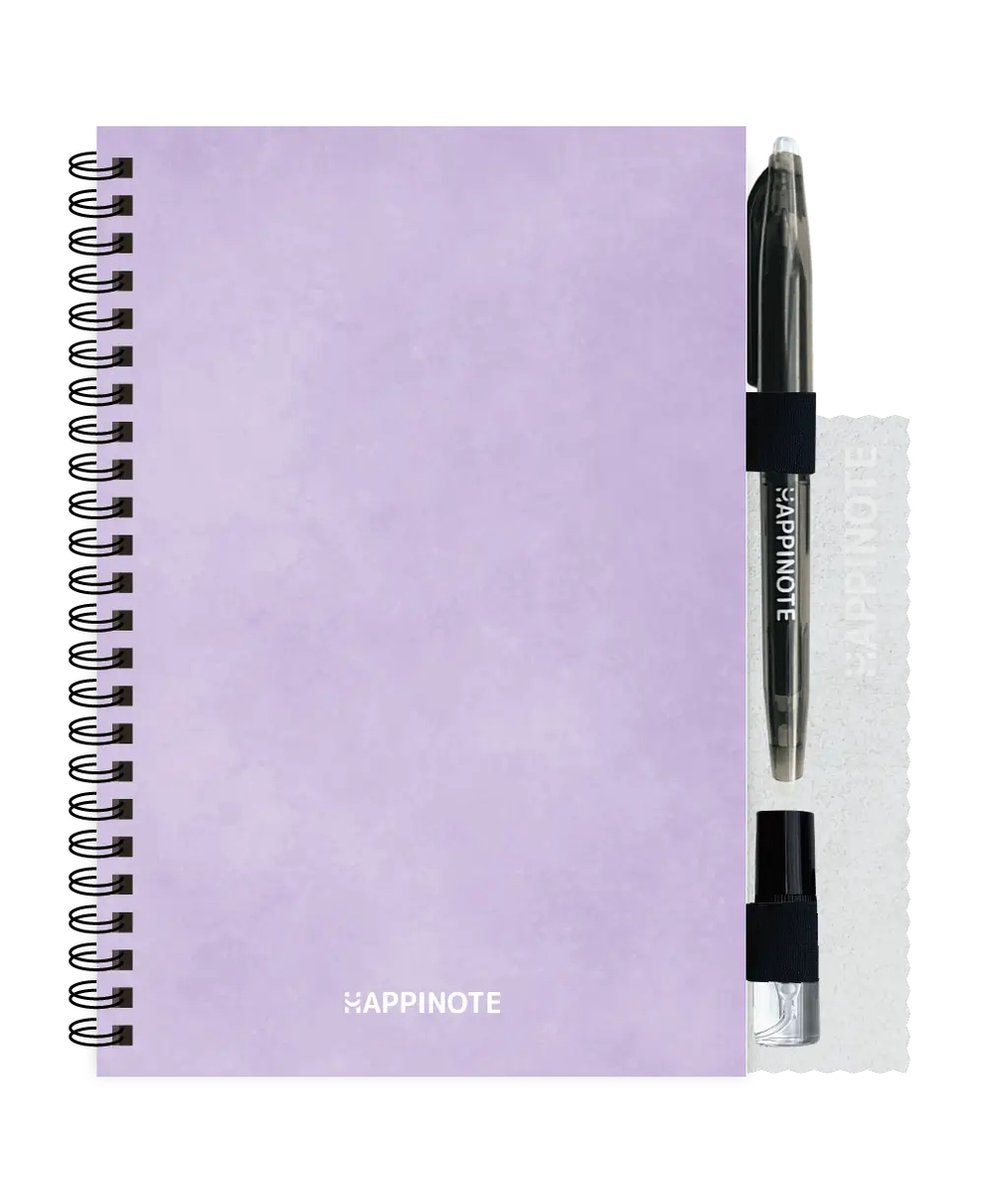 Happinote | Uitwisbaar Notitieboek A5 - inclusief uitwisbare pen, waterspray, houders én doekje - Purple Haze | 100 pagina's steenpapier verdeeld onder 8 verschillende layouts | Journal | Cadeau | Moederdagcadeau