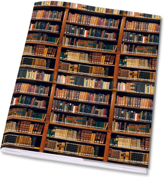 A5 schrift met een bedrukking van de bibliotheek van Maria Laach, met bruine boeken in houten kasten.