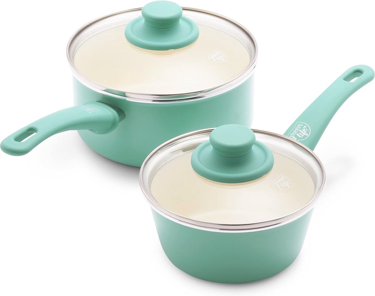 Soft Grip steelpannenset met deksels (15 cm/1,1 l en 18 cm/2,1 l), gezonde keramische antiaanbaklaag, PFAS-vrij, vaatwasmachinebestendig, turquoise