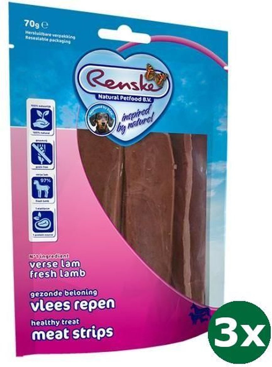 3x70 gr Renske gezonde beloning vlees strip lam hondensnack