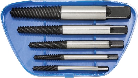 Jeu de 5 extracteurs de vis cassés, du plus grand au plus petit, avec filetage inversé dans une mallette bleue.