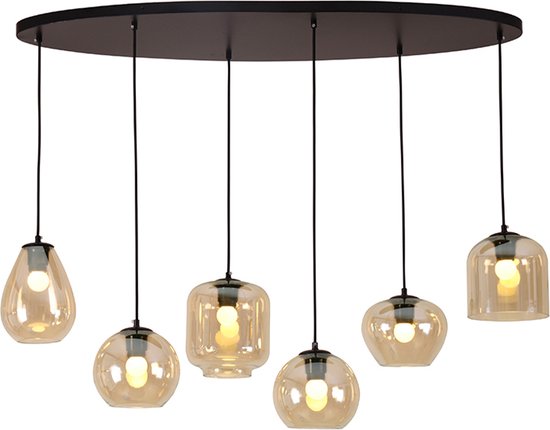 Olucia Caia - Moderne Hanglamp - 6L - Glas/Metaal - Zwart;Amber - Ovaal