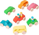 LiasToys® - Auto Set 7-delig Montessori |7 Gekleurde Houten Auto's + 3 Pegdolls - Houten speelgoed